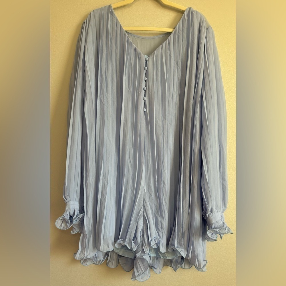Women’s Sky Blue Pleated Ruffled V-Neck Long Sleeve Romper Size XL - Picture 6 of 15